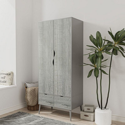 Urbn-Living Urbnliving 180Cm Height Grey Wardrobe With Ash Grey 2 Door 2 Drawer Scandi Legs Cupboard Hanging Rail Unit - image 1