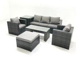 Fimous Rattan Garden Furniture Set Outdoor Lounger Sofa With Coffee Table 2 Armchair Big Footstool Side Table Dark Grey Mixed - thumbnail 2