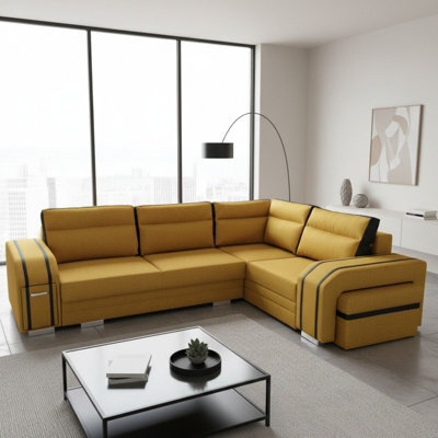 Avatar Corner Sofa Bed With Pouffe Cocktail Cabinet Foam Cushions Sinuous Springs Wood Frame 300X200Cm Yellow And Black Right - image 1