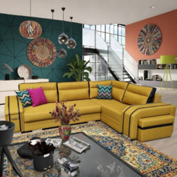 Avatar Corner Sofa Bed With Pouffe Cocktail Cabinet Foam Cushions Sinuous Springs Wood Frame 300X200Cm Yellow And Black Right - thumbnail 2