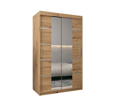 Arte Verona 04 Contemporary 2 Mirrored Sliding Door Wardrobe 5 Shelves 2 Rails Oak Artisan Effect (H)2000mm (W)1200mm (D)620mm - image 1