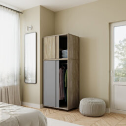 Urbn-Living Urbnliving 180Cm Height Oak Carcass With 4 Sliding Grey Doors Wardrobe Bedroom Storage Closet Hanging Rail Cupboard Unit - thumbnail 2