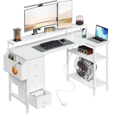 White 140Cm L-Shaped Home Office Desk With Charging Station, Drawers, Monitor Stand - image 1