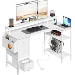 White 140Cm L-Shaped Home Office Desk With Charging Station, Drawers, Monitor Stand - thumbnail 1