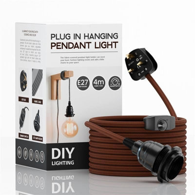 Ledsone Industrial E27 Plug-In Pendant Light Holder With Dimmer Switch, 4M Brown Fabric Cable - image 1