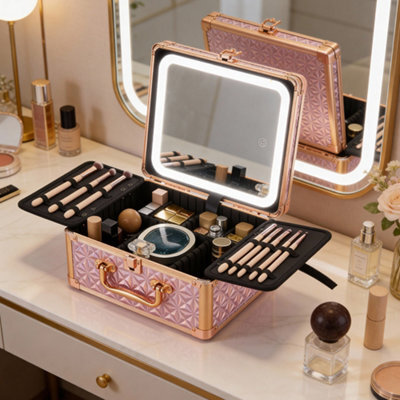 Living And Home Light Pink Portable Usb Rechargeable Adjustable Lighting Makeup Case With Led Mirror, 25Cm W X 12.5Cm D X 21.5Cm H - image 1