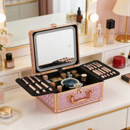 Living And Home Light Pink Portable Usb Rechargeable Adjustable Lighting Makeup Case With Led Mirror, 25Cm W X 12.5Cm D X 21.5Cm H - thumbnail 2