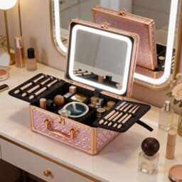 Living And Home Light Pink Portable Usb Rechargeable Adjustable Lighting Makeup Case With Led Mirror, 25Cm W X 12.5Cm D X 21.5Cm H - thumbnail 1