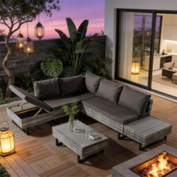 Fenchilin Garden Lounge Corner Sofa Set Rattan Cushioned Sofa And Table With Metal Legs Grey - thumbnail 1