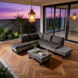 Fenchilin Garden Lounge Corner Sofa Set Rattan Cushioned Sofa And Table With Metal Legs Grey - thumbnail 2