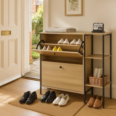 Celino Shoe Cabinet With 2 Drawers, Pull Down Mdf Wooden Shoe Storage Organizer Cupboard Shoes Rack Cabinet Freestanding Footwear - image 1