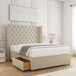 Bsspoke Olivia Divan Bed Set Cream Plush Velvet 54Inch Wingedback Headboard 2 Drawers Footend &  Mattress In All Sizes - thumbnail 1