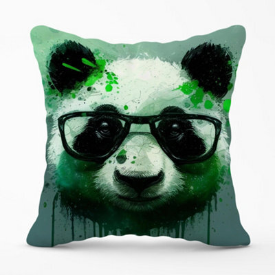 Warren Reed Designer Panda With Glasses, Green Splashart Cushions 60Cm X 60Cm - image 1