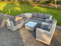 Fimous Light Grey Corner Rattan Garden Outdoor Sofa Set Chairs Sofa Side Table Square Coffee Table 8 Seater - thumbnail 2