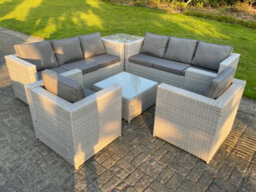 Fimous Light Grey Corner Rattan Garden Outdoor Sofa Set Chairs Sofa Side Table Square Coffee Table 8 Seater