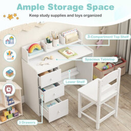 Costway Kids Study Desk And Chair Set Children Writing Desk W/ Hutch-White - thumbnail 5