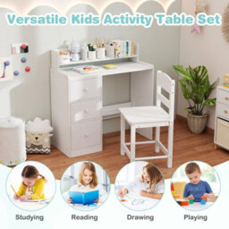Costway Kids Study Desk And Chair Set Children Writing Desk W/ Hutch-White - thumbnail 3