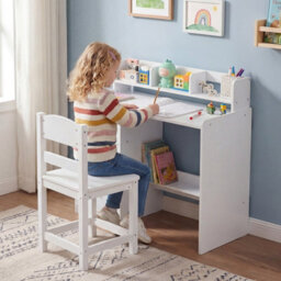Costway Kids Study Desk And Chair Set Children Writing Desk W/ Hutch-White - thumbnail 8