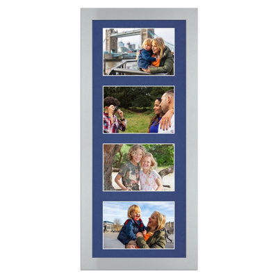 AK Frames 50X20Cm Silver Modern Multi Photo Frame With Blue Mount - Holds 4 Apertures (4X) 6X4 Photos - image 1