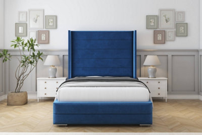 "Sloomy Sterling Navy Plush Bed Frame With Mattress With 50""  Upholstered Wingback Headboard 2'6 Small Single" - image 1