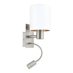 Satin Nickel Wall Light With White Fabric Shade And Led Bulb