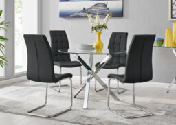 Furniturebox Selina Chrome Round Square Leg Glass Dining Table And 4 Black Murano Chairs Set - thumbnail 1