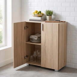 Oak Effect 2 Door Storage Cabinet Freestanding Kitchen Buffet Sideboard Cupboard - thumbnail 4