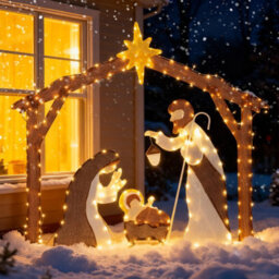 Costway Lighted Outdoor Christmas Decoration Nativity Scene Pre-Lit Xmas Decoration