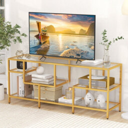 "Costway 147Cm Tv Stand For Tvs Up To 65"" Tv Console Table W/ Tempered Glass Shelves"
