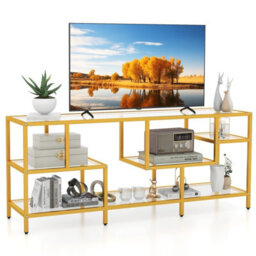 "Costway 147Cm Tv Stand For Tvs Up To 65"" Tv Console Table W/ Tempered Glass Shelves" - thumbnail 2