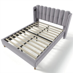 Abrihome 4Ft6Upholstered Double Bed With Usb And Type-C Charging, Bed Frame With Wooden Slatted Frame, Grey, Linen - thumbnail 6
