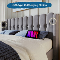 Abrihome 4Ft6Upholstered Double Bed With Usb And Type-C Charging, Bed Frame With Wooden Slatted Frame, Grey, Linen - thumbnail 4