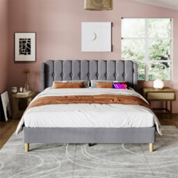 Abrihome 4Ft6Upholstered Double Bed With Usb And Type-C Charging, Bed Frame With Wooden Slatted Frame, Grey, Linen - thumbnail 9
