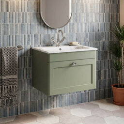 Balterley Swynnerton Traditional 1 Drawer Wall Hung Vanity Unit With Stone Basin, Satin Green, 600mm - thumbnail 2