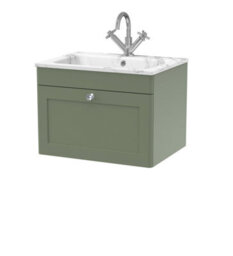 Balterley Swynnerton Traditional 1 Drawer Wall Hung Vanity Unit With Stone Basin, Satin Green, 600mm - thumbnail 1