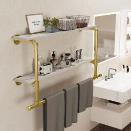 Heavy Duty Pipe Clothes Rail Wall Mounted Garment Rack -Golden+Marble White - thumbnail 2