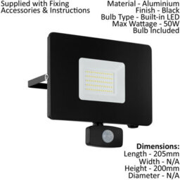 High-Performance Ip44 Outdoor Flood Light With Pir Sensor - 50W Led In Black Aluminium - thumbnail 2