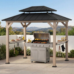 Sunjoy 2.7M X 2.1M Grill Gazebo, Wood Frame Hardtop Gazebo With Shelves Brown Roof - thumbnail 1