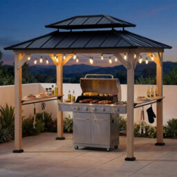 Sunjoy 2.7M X 2.1M Grill Gazebo, Wood Frame Hardtop Gazebo With Shelves Brown Roof - thumbnail 2