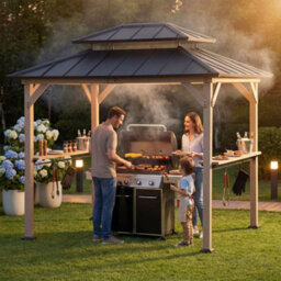 Sunjoy 2.7M X 2.1M Grill Gazebo, Wood Frame Hardtop Gazebo With Shelves Brown Roof - thumbnail 8