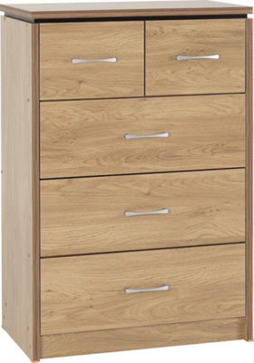 Seconique Charles 3+2 Drawer Chest Of Drawers In Oak Veneer With Dark Walnut Trim - image 1