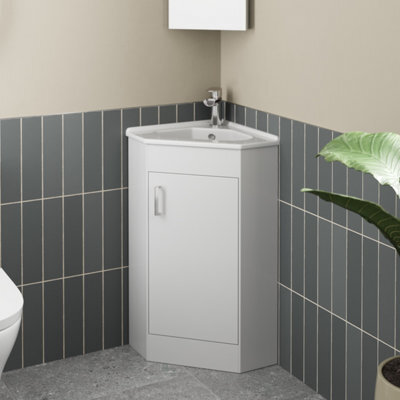 Affine Bathroom Floor Standing Corner Vanity Unit White Gloss Single Door Flat Pack - image 1