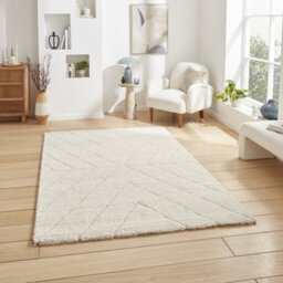 White Cream Geometric 30mm Thick Shaggy Rug, Stain-Resistant Modern Rug For Bedroom, Living, Dining Room-200Cm X 290Cm - thumbnail 1