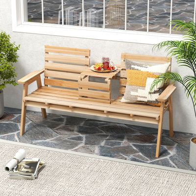 Gainoom Outdoor Fir Wood Bench 2-3 Person Garden Bench With Foldable Middle Table - image 1