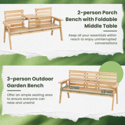 Gainoom Outdoor Fir Wood Bench 2-3 Person Garden Bench With Foldable Middle Table - thumbnail 6
