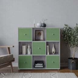 Urbn-Living 9 Cube Grey Wooden Bookcase Shelving Unit With 5 Collapsible Fabric Drawers Pastel Green - thumbnail 2