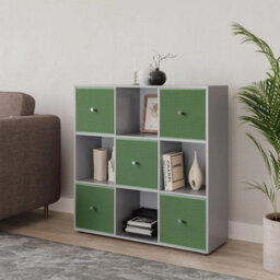 Urbn-Living 9 Cube Grey Wooden Bookcase Shelving Unit With 5 Collapsible Fabric Drawers Pastel Green - thumbnail 3