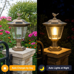 Gwsolar Solar Pillar Light Bird Pattern Lantern Warm White 6Sided Solar Panel Auto On Off Ip44 Porch Fence Deck Garden Solar Light - thumbnail 3