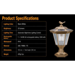 Gwsolar Solar Pillar Light Bird Pattern Lantern Warm White 6Sided Solar Panel Auto On Off Ip44 Porch Fence Deck Garden Solar Light - thumbnail 7