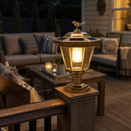 Gwsolar Solar Pillar Light Bird Pattern Lantern Warm White 6Sided Solar Panel Auto On Off Ip44 Porch Fence Deck Garden Solar Light - thumbnail 4